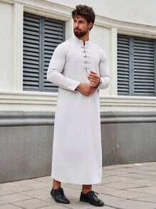 Middle Eastern Arab Men's Traditional Robe With Pockets, Stand-Up Collar And Long Sleeves, Elegant Wear