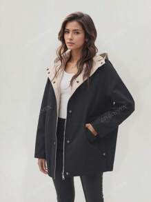 Giacca antivento da donna con cappuccio, casual, a mezza lunghezza, manica lunga