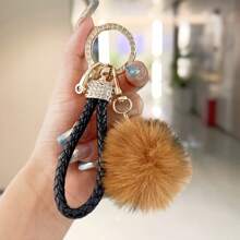 TTOBS 1pc Elegant Braided Leather Keychain With Fluffy Pompom Charm - Durable, Stylish & Versatile Women Key Holder - Multiple Colors, Perfect Car Owner Accessory, Fashionable Gift Idea