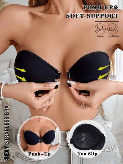 Strapless Bra Front Closure Push Up Bras For Women Heart Pattern Cup Backless Invisible Strapless Underwear Sexy Lingerie With Adjustable Straps Tube Top Great For Backless Dress Non-Slip Anti-Exposure Underwire Bra
