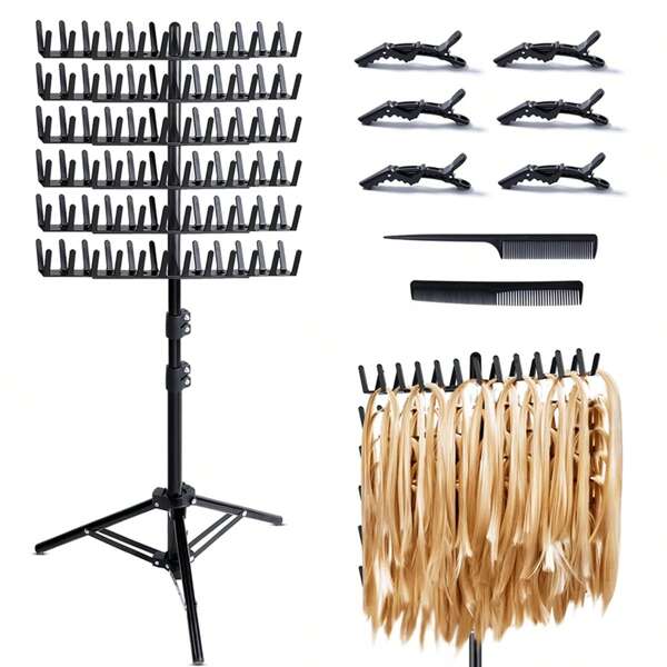 Soporte metálico ajustable para extensiones de cabello y trenzas, con herramientas para el peinado, separador de cabello, para salón de belleza, hogar o viajes (negro)