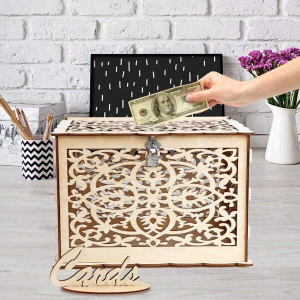 1pc 30*24*21.5cm Large Capacity Wooden DIY Rectangular Gift Card Box For Party