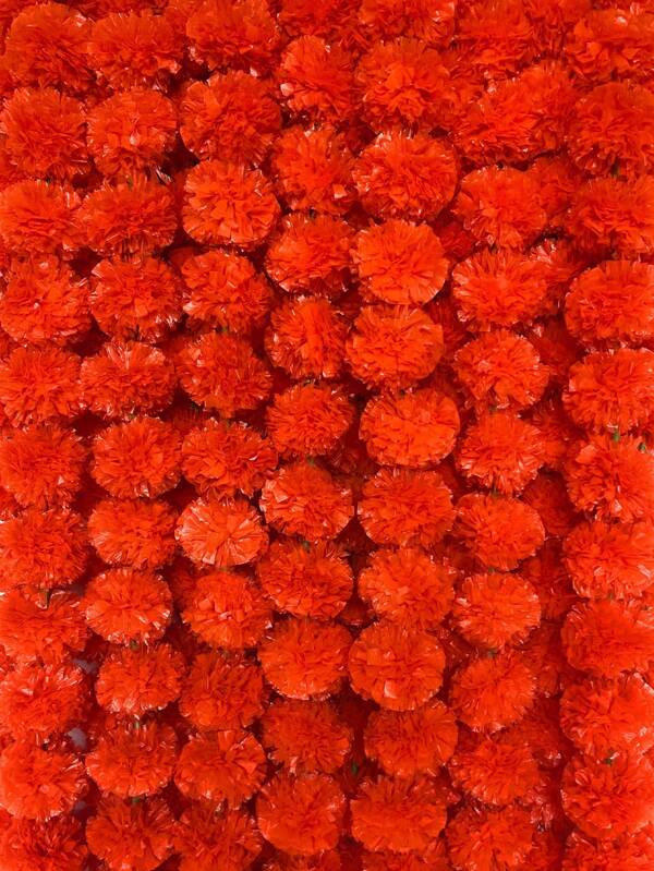 1 Pc Red Marigold Garland For Decoration, 5 Feet Long Artificial Marigold Flowers Diwali Decor For Pooja, Wedding, Home Decorations