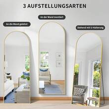 Arched Full Length Mirror, 192 X 85 Cm Wall Mirror, Standing Or Leaning Full Body Mirror With Aluminum Alloy Frame, Suitable For Bedrooms, Hallway Or Cloakroom, Black - Gold - View 3