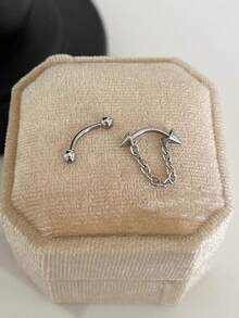 1 件弧形杆带可拆卸链条不锈钢耳环耳钉银色耳钉软骨眉毛穿孔礼物首饰朋克风格身体首饰 - 銀色 - 查看 4