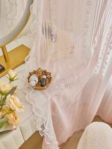 1pc French Style Sheer Curtain With 2 Side Pearl Lace Trim, Lightweight Semi-Sheer Bedroom Curtain, Princess Style - Baby Pink - View 4