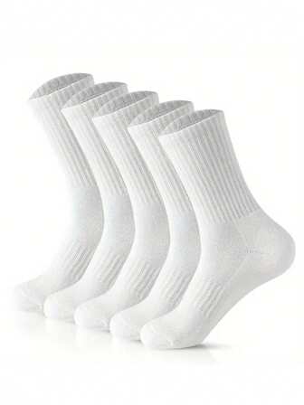 5 par vita långa herrstrumpor, bekväma mjuka vita sportsstrumpor, långa vita strumpor, tillgängliga storlekar: 39-42, 40-43