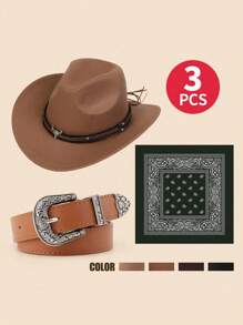 3 Stück/Set Westlicher Cowgirl Anzug für Kinder, Cowboyhut, Bandana, Gürtel für Halloween, Ostern, Cowgirl Kostüm Accessoires