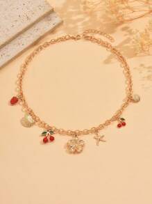 1 Pc Summer Fashionable Necklace, Gold Metal Flower, Cherry, Strawberry, Shell, Starfish Pendant Combination, Suitable For Women Daily Outfit, Beach, Party, Music Festival Wear. Chain Length Customizable