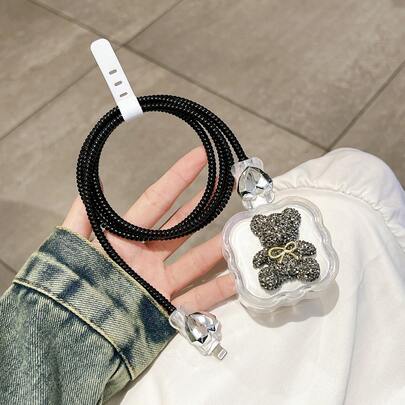 Set de 5 piezas Funda protectora de cargador con diseño de oso lindo [Cargador UK 20W] Compatible con iPhone 13/14/15/16 Pro Max/Plus, Funda protectora transparente para cabezal de cargador + Protector de cable de datos anti-rotura