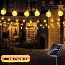 Solar Light String With Crystal Ball Design - Energy Saving Outdoor Garden Decor String Lights, 20/50/100 LED Lights With Multiple Components, Semi-Recessed Installation, Button Control, Detachable Fixtures, Recessed, Plastic Lampshade, Rechargeable Ni-Cad Battery - Ideal For Wedding, Party, Courtyard, Garden, Christmas And Halloween Celebrations