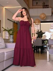 Women Sleeveless Beach Vacation Dress, Women Summer Long Dress, Luxury Spaghetti Strap Summer Maxi Dress For Vacation, Women Simple Casual Elegant Cute Fabric Ruffle Hem Knot Ruched Beach Evening Holiday Wedding Home Birthday Party Daily Baby Shower Babymoon Garden Formal & Evening Photoshoot Street Travel Bachelorette Party - 酒紅色 - 查看 2