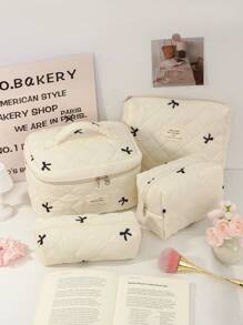 1Pc Bow Embroidered Cosmetic Bag Fashionable Large Capacity Quilted Makeup Bag Sets Travel Cosmetic Bag With Handle Lightweight Fluffy Filling Toiletries Bag For Travel Storage,Daily Use
