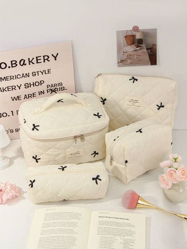 1Pc Bow Embroidered Cosmetic Bag Fashionable Large Capacity Quilted Makeup Bag Sets Travel Cosmetic Bag With Handle Lightweight Fluffy Filling Toiletries Bag For Travel Storage,Daily Use