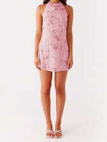 Women's Summer Halter Dress Shiny Sequin Bead Floral Backless Slim Fit Mini Dress - 粉色 - 查看 4