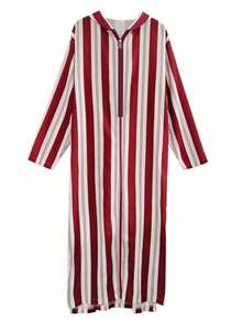 Middle Eastern Long Sleeve Striped Print Men Arabian Robe - Red and White - View 2