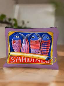 Retro Sardines Cosmetic Pouch,Olive Oil And Lemon Design, Unisex Adult Polyester Mini Makeup Bag, Hypoallergenic Zippered Toiletry Case, Pink Zippered Cosmetic Bag, Multifunctional Snack, Stationery Or Gift, Tin Fish Print Accessory Clutch, Cosmetic Pouch For Girls Women, Makeup Bag, Toiletry Bag For Travel, School, And Commuting,Unisex Adult Portable Storage Bag