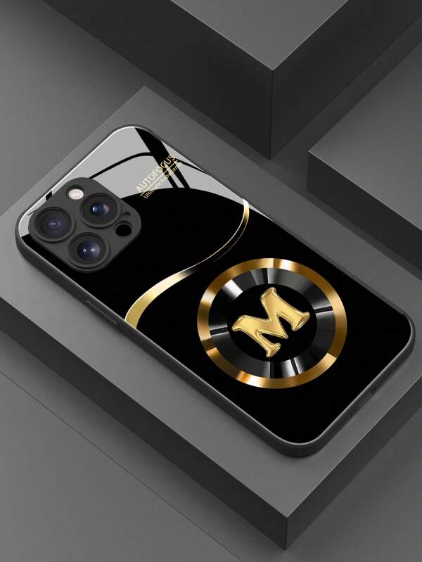 1 pieza Funda de teléfono de vidrio resistente a golpes con patrón de letra M dorada personalizada, compatible con Apple 17 Pro Max/17 Air/16 Pro Max/15/14 Plus/13/12/11/XR/8P y Galaxy S25/S24/S23 Ultra/S22/S20/Note20/Note10/A56/A53/A14/A05