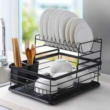 NetHong 2Tier Kitchen Dish Drainer Cutlery Holder Plates Bowls Large Sink Rack Tray Drip Kitchen Organization - Black - View 3