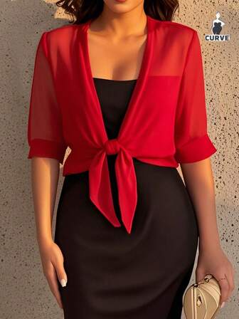 Pluse Size Chiffong Cardigan Tie Front Knot Skjorta Dam Sommar Semester Cover Up Skir Casual Blus Enfärgad