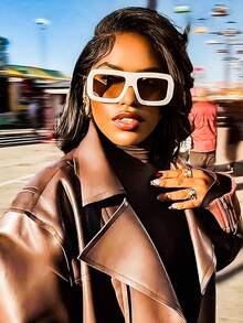 1pc Square Fashion Glasses Retro Personalized Versatile Men's And Women's Fashion Glasses Suitable For Daily Wearing, Street Photography, Vacation, Tourism, Beach Accessories - 白色 - 查看 3