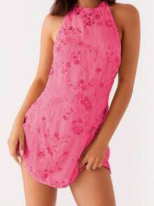 Women's Summer Halter Dress Shiny Sequin Bead Floral Backless Slim Fit Mini Dress - 玫紅色 - 查看 1