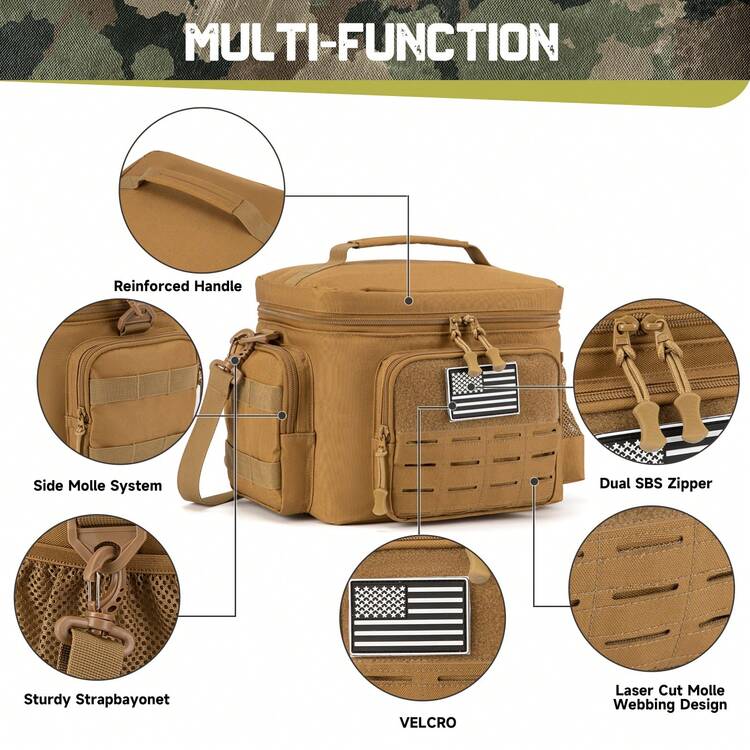 Tactical Lunch Bag For Men, Heavy Duty Lunch Insulator, Leak Proof, Durable For Office, Camping, Picnic, Water Bottle With MOLLE Webbing. - Khaki - View 2