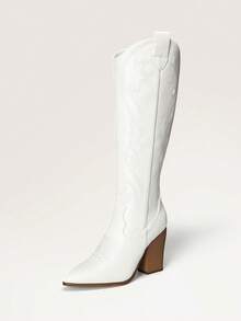 女式牛仔靴，舒适拉链粗跟尖头刺绣西部牛仔及膝靴