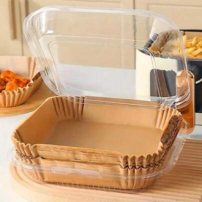 （圣诞节）100张方形和圆形空气炸锅烘焙纸，硅胶纸，带吸塑盒，9英寸，不粘防水，适用于5-8夸脱空气炸锅，纸质，适用于厨房、派对用品、节日、婚礼、斋月等场合。