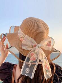 Nouveau chapeau de paille d'été de style coréen avec décoration nœud papillon, respirant. Grand bord de chapeau de soleil pour voyager, protection UV, décontracté, rétro, en polyester, convenant pour le printemps et l'été