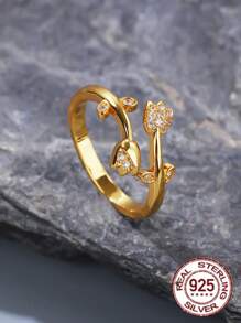 1pc Luxury 18k Gold-Plated, White CZ Decorated Tulip Flower Open Cocktail Ring, Glamorous Jewelry Gift For Women, Suitable For Everyday Wear And Dates