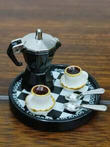 1pc/5pcs/6pcs 1:12 Scale Dollhouse Mini Coffee Maker Set, Realistic Metal-Tone Coffee Pot Model With Resin Coffee Cup/Saucer, Metal Spoon, Kitchen Accessories For Toy House, Party Decor, Interesting Lifelike Playset!