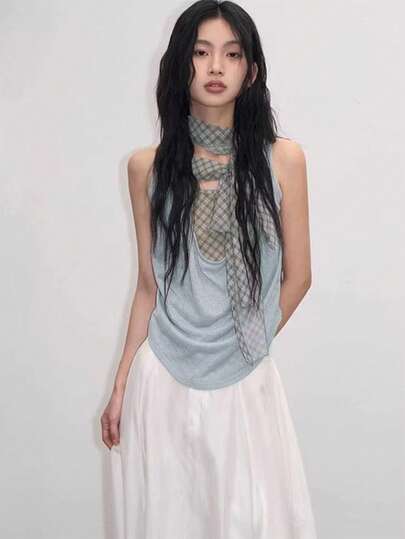 Loose Fit Cold Shoulder Sleeveless Top With Printed Pattern, Mock Layered T-Shirt For Women