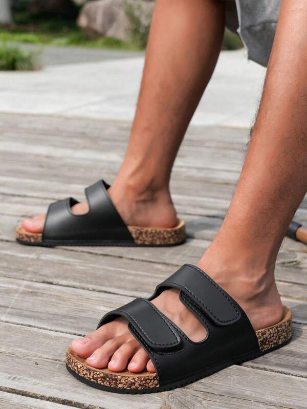 Retromodische verstellbare Herren Sandalen - Obermaterial aus weichem Kunstleder, atmungsaktive Stoffinnenseite, gepolstertes Fußbett, robuste PVC-Kork-Laufsohle, geeignet für Lässig- und Strandmode das ganze Jahr über | Minimalistische Optik | Klettverschluss