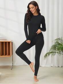 2-częściowy damski komplet bielizny termicznej, bezszwowej, wygodnej, w jednolitym kolorze, z okrągłym dekoltem i długim rękawem, z legginsami, jesień/zima