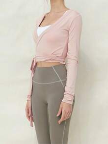 Women Solid Color Dance Tops Slim Fit Wrapped V Neck Tie-Up Long Sleeve Crop Ballet Cardigan - Pink - View 3