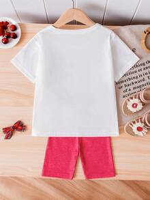 2 件套可爱紫色兔子印花女童服装 - 包括宽松短袖 T 恤和配套绿色紧身短裤，清新韩式风格，透气面料适合夏季户外活动