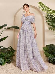 Mgiacy,New Arrival,Asymmetrical Collar,Printed,Elegant,Bridesmaid Dress,Ruffle,Belt,Chiffon,Long Dress,FOR,Wedding Guest - Mauve Purple - View 4