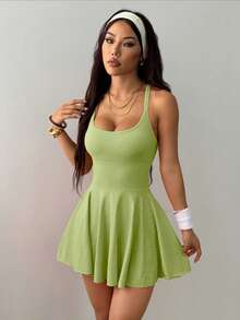 TCVC Women's Crisscross Back Sports Dress With Pockets, Solid Crisscross Racerback, Square Neck Tennis Dress, Indoor Outdoor Sports Yoga, Skin-Friendly Fabric, Tight Fit To Shape Body