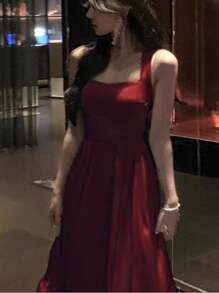 Elegant Lace Up Slim A-Line Bridesmaid Dress France Sleeveless Solid Party Graduation Midi Women Spring Summer