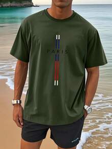 Men's Cotton Casual T-Shirt, Paris Graphic Design - Olive Green - View 1
