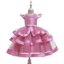 Young Girl New Handmade Beaded Short Sleeve Princess Puffy Dress Children Christmas Wedding Gown - Dusty Pink - View 4