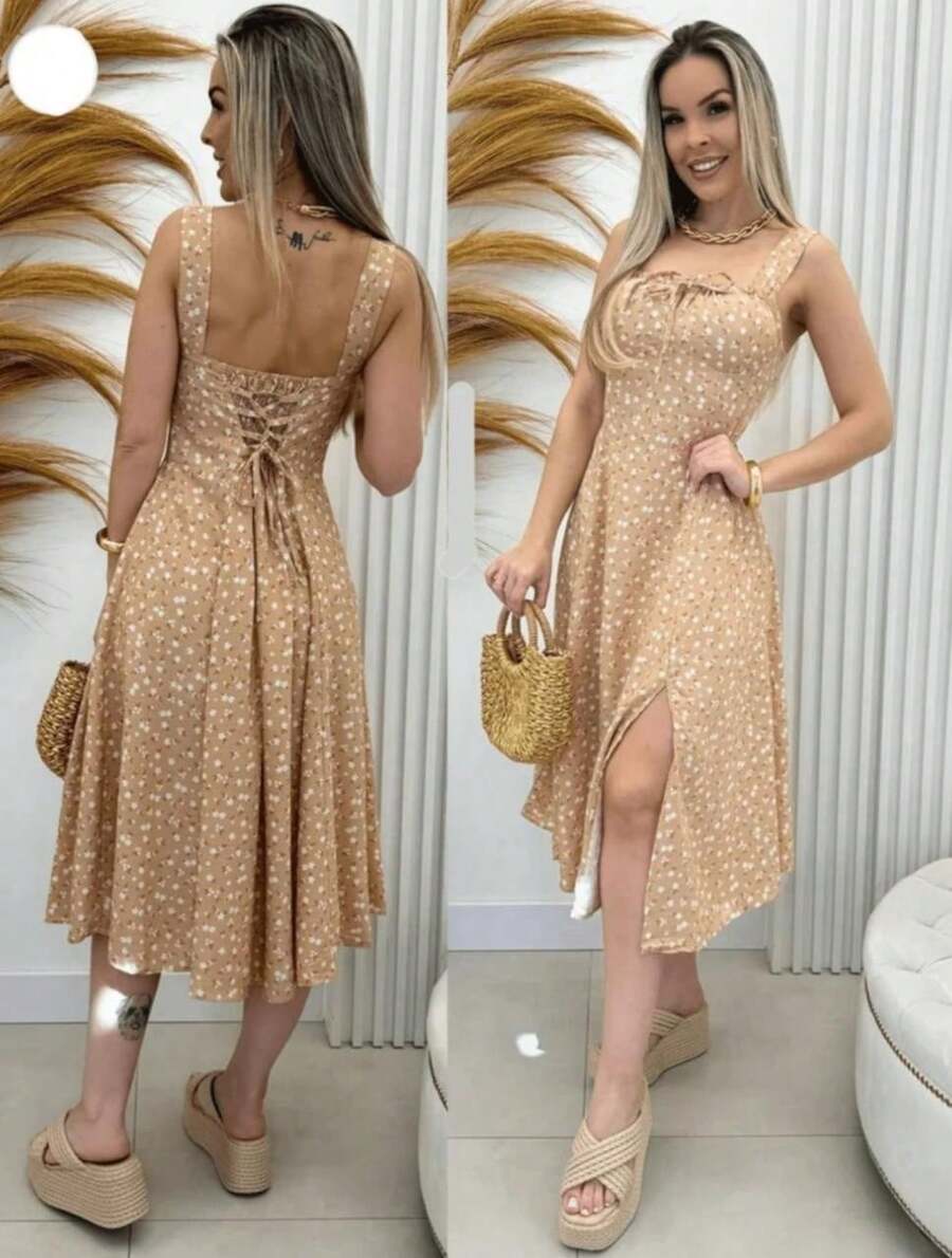 Women's Floral Midi Dress With Front Tie Fashion 2025 - 米色 - 查看 1