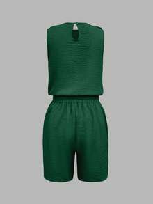2pcs Women Fashionable Casual Elegant Sleeveless Top And Shorts With Slant Pockets And Button Details Set Summer - Dark Green - View 3