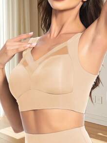 女士无缝对比网眼透明运动文胸，无钢圈，日常穿着