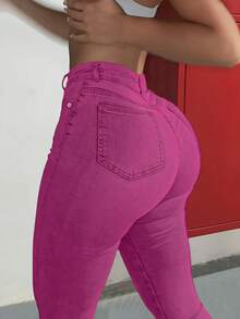 GILIPUR Hot Pink Y2K Style High Waist Skinny Stretch Jeans, European And American Street Fashion Women's Pants, Elegant Casual, Perfect For Valentine's Day - Hot Pink - View 3