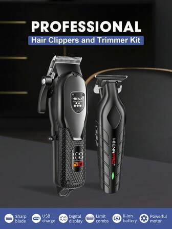 HINEA HIENA PRO Herr Elektrisk Hårklippare Set - Snygg Svart Skäggtrimmer Med LCD-Display, T-Formad Blad, USB-Uppladdningsbar, Inkluderar Flera Styling- Och Skönhetskammartillbehör - Perfekt Present