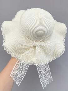 Nouveau chapeau de paille d'été de style coréen avec décoration nœud papillon, respirant. Grand bord de chapeau de soleil pour voyager, protection UV, décontracté, rétro, en polyester, convenant pour le printemps et l'été