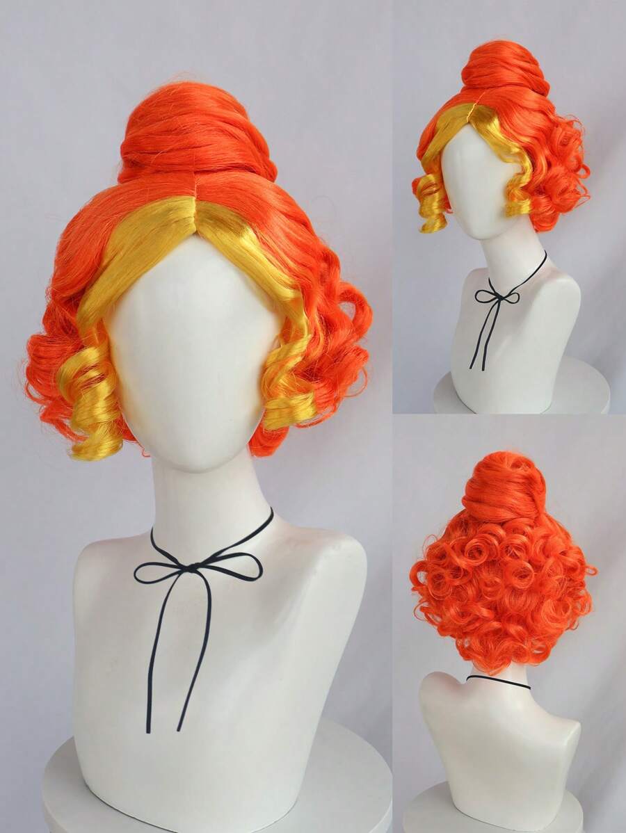 Orange und gelb gewellte, lockige Ms. Frizzle Cosplay-Perücke, 10 Zoll große synthetische Damenperücke für Halloween-Partykostüme, Schulkarnevalskonzerte, Urlaubsfotografie, Themenveranstaltungen, Comic-Con-Ausstellungen