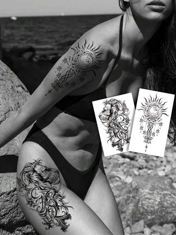 2 tatuagens temporárias de leão e sol, tatuagens falsas à prova d'água de águia negra para uso de 2 a 5 dias, para cobrir cicatrizes, arte corporal para braços, pulsos, ombros, pernas, cintura, pescoço, peito, coxas e dedos, adequadas para homens, mulheres e meninas, decoração de festa diária, maquiagem, presente